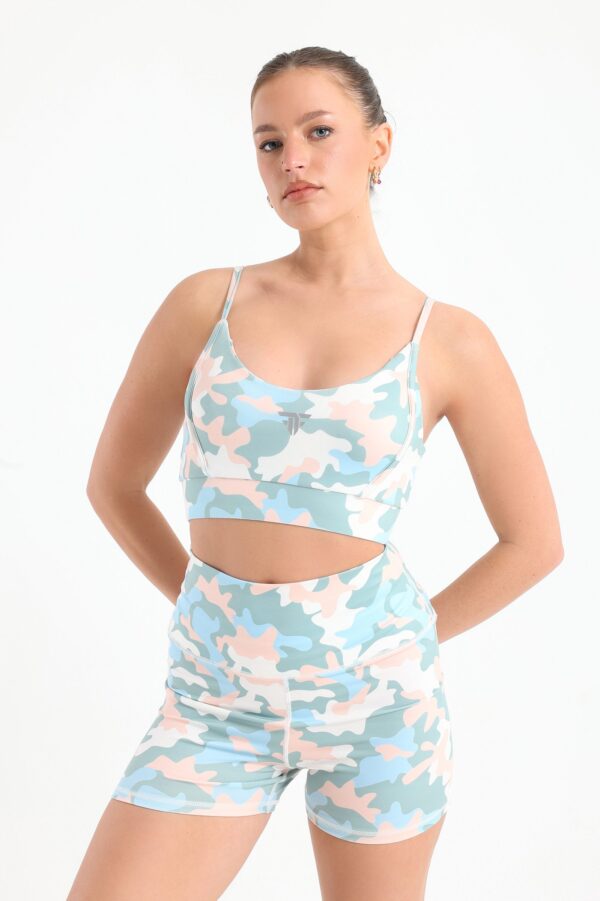 Colored camo multi strap printed sports bra