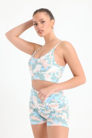 Colored camo multi strap printed sports bra