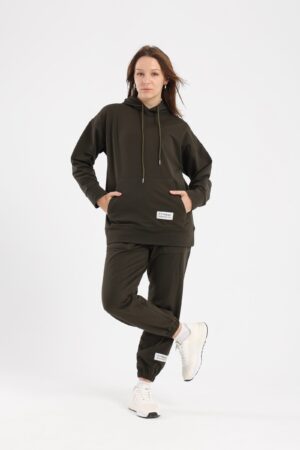 Matching hoodie and sweatpant set in olive