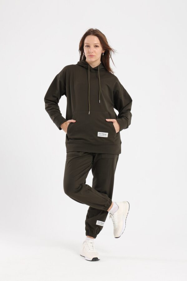Matching hoodie and sweatpant set in olive