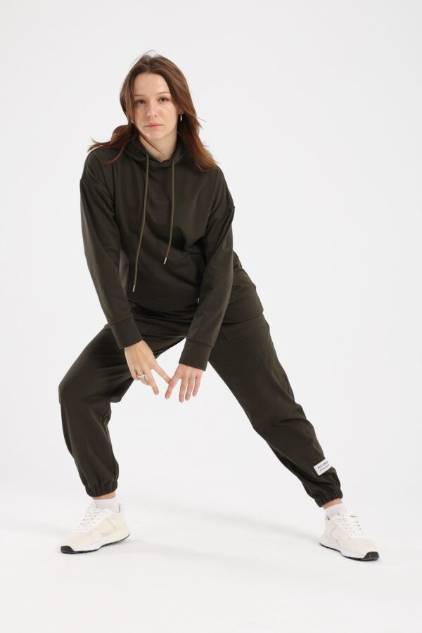 Matching hoodie and sweatpant set in olive