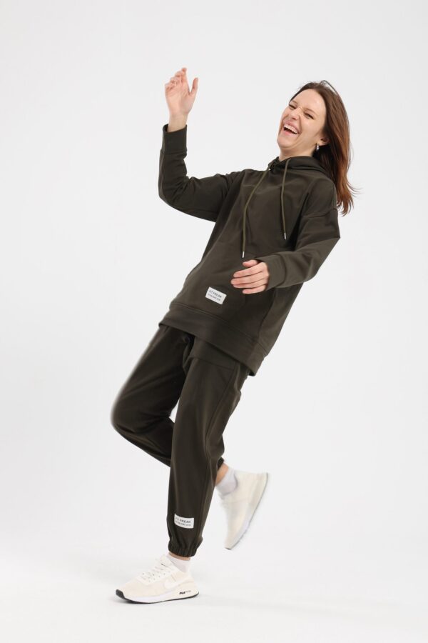 Matching hoodie and sweatpant set in olive