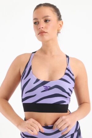 Back detail zebra printed sports bra in purple