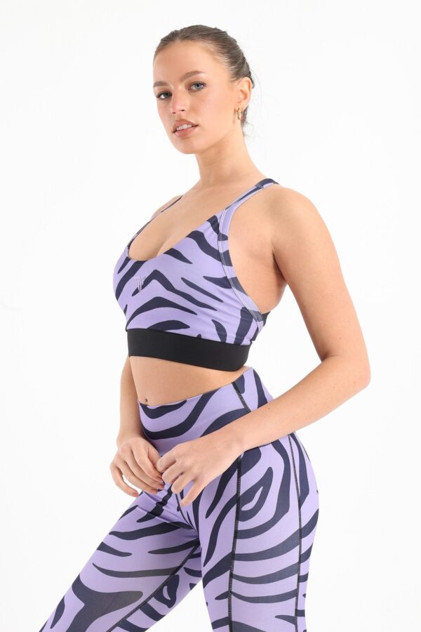 Back detail zebra printed sports bra in purple